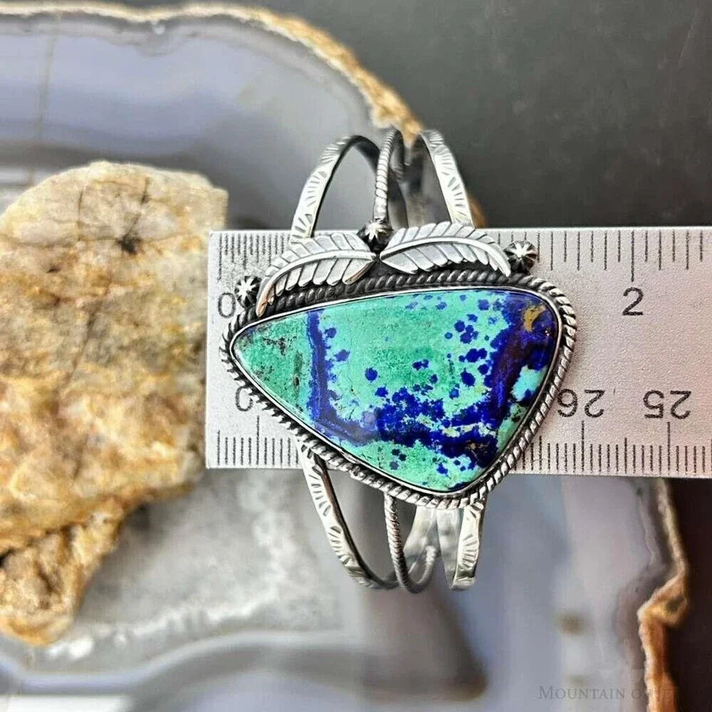 Sterling Southwestern Style Large Triangle Azurite Decorated Bracelet For Women